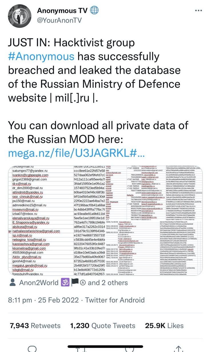 匿名者黑客组织进入俄罗斯国防部数据库并公布俄罗斯官兵数据