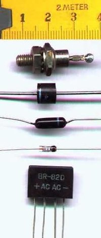 各种二极体，最下方为桥式整流器。通常在二极管的阴极端会有色带标示，也就是说电流会从这里流出。